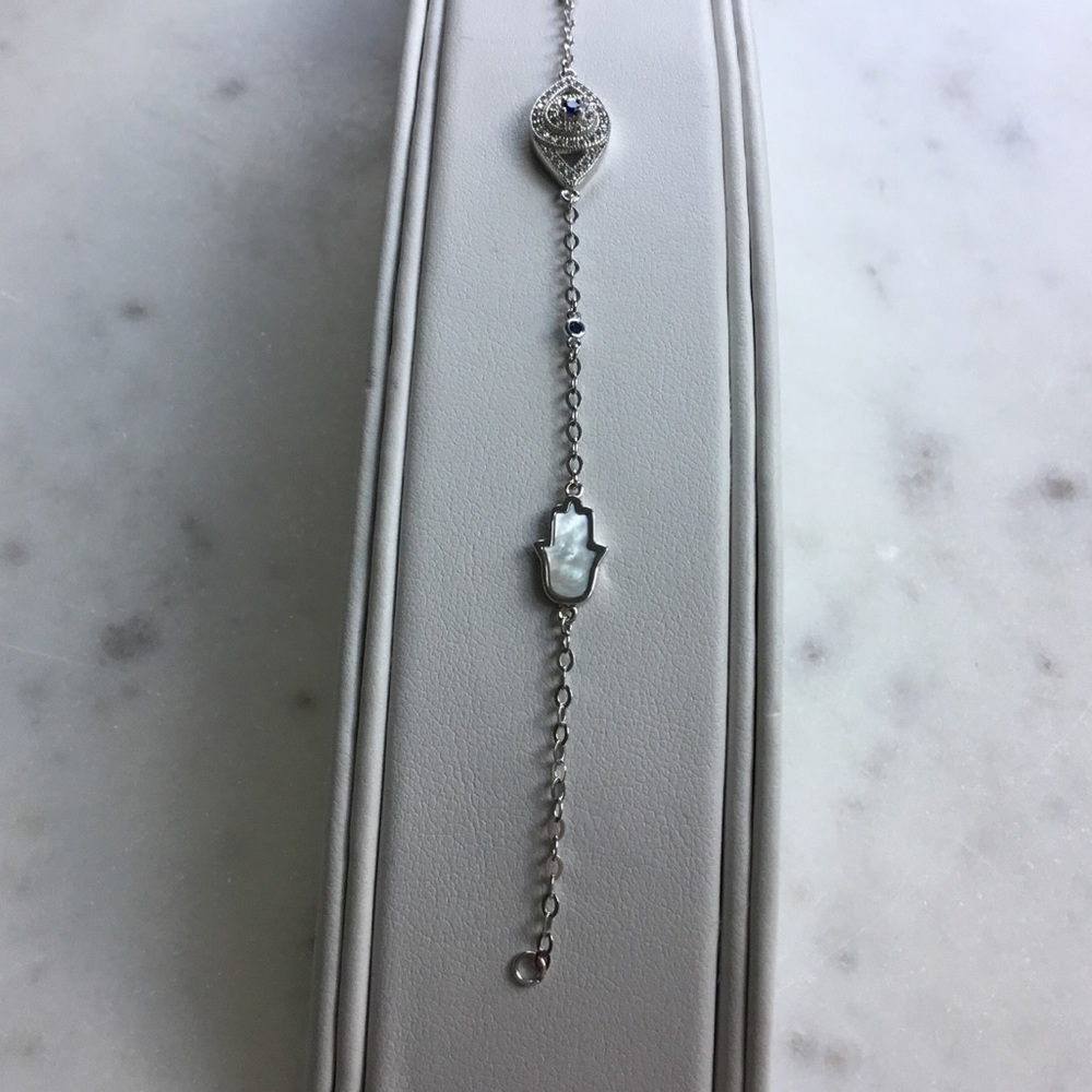 Sterling Silver CZ Evil Eye & MOP Hamsa Bracelet - Picture 11 of 13